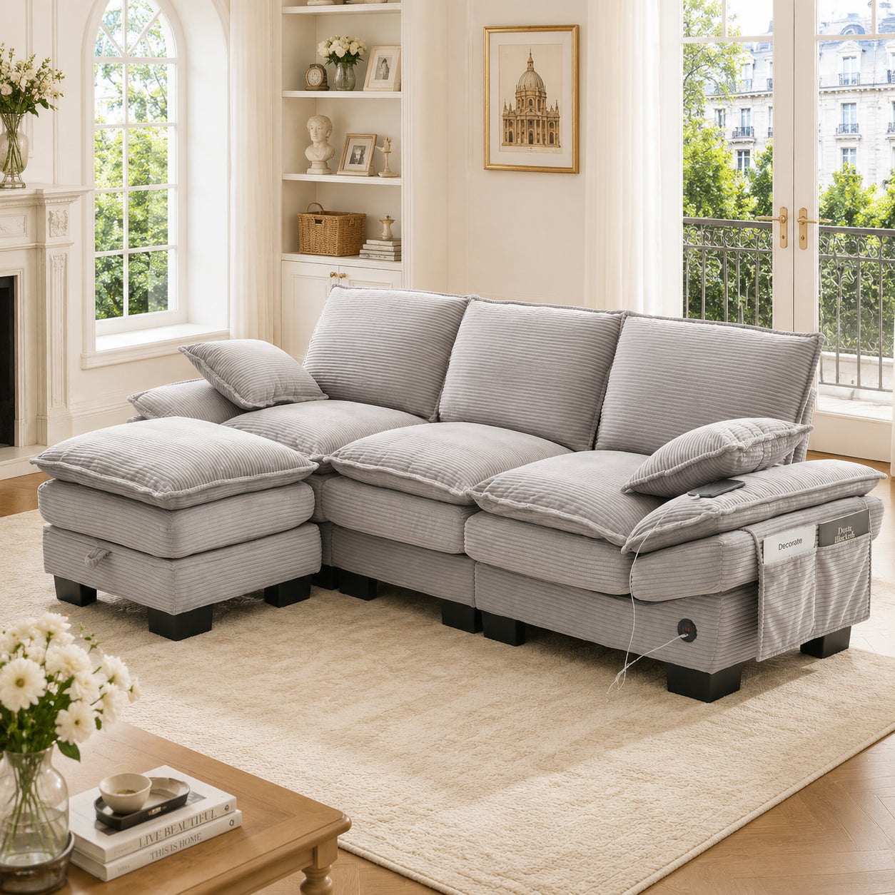 Modular 3-seater Corduroy Sofa  With 1 Stool Wide Seat, Ergonomic Design, High-density Foam Padding, USB-C Port And Side Pockets.Ideal For Living Room, Office Or Lounge.Light Grey