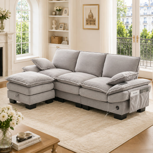 Modular 3-seater Corduroy Sofa  With 1 Stool Wide Seat, Ergonomic Design, High-density Foam Padding, USB-C Port And Side Pockets.Ideal For Living Room, Office Or Lounge.Light Grey