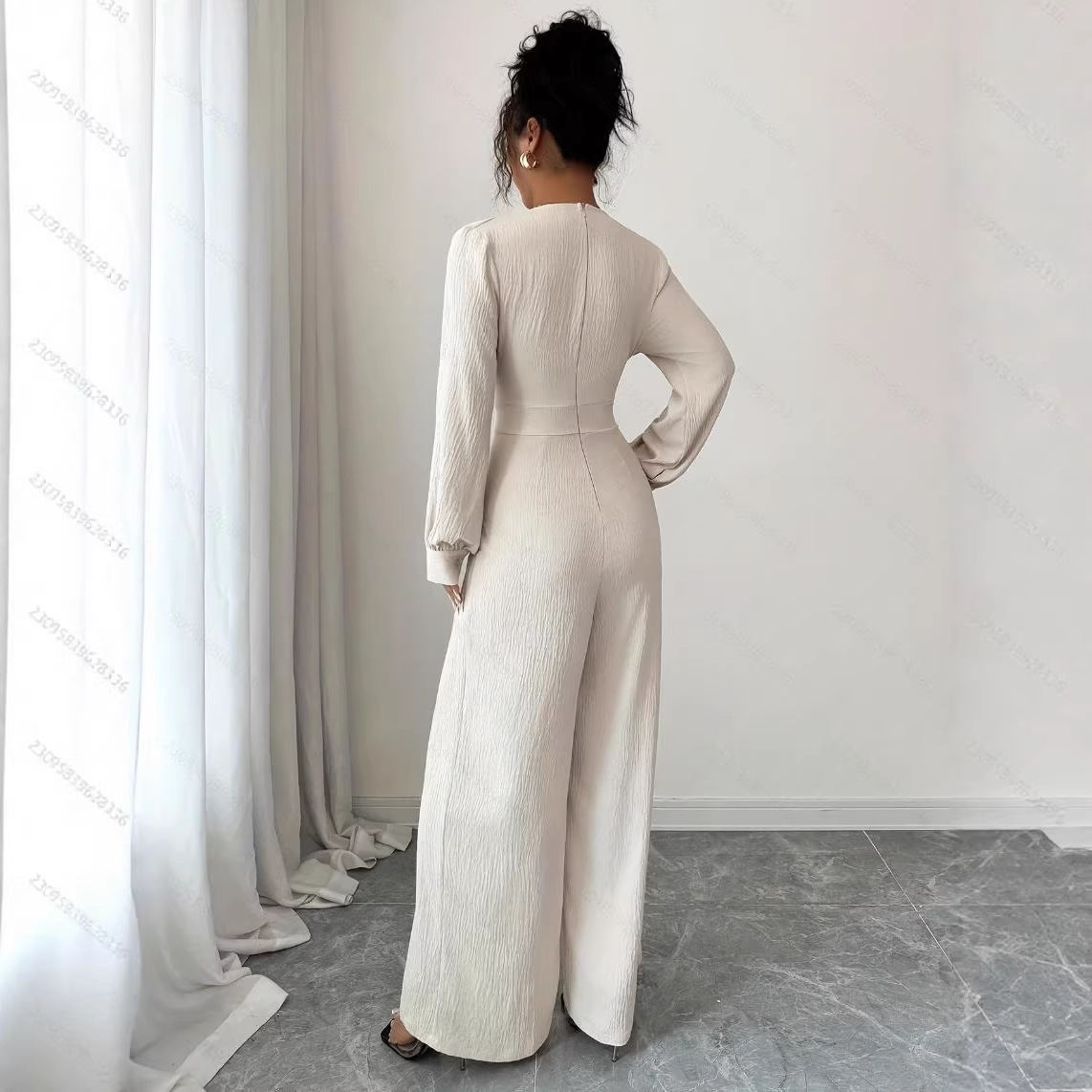 Womens Solid-Color Elegant Off-the-Shoulder Long-Sleeve Jumpsuit For The Office