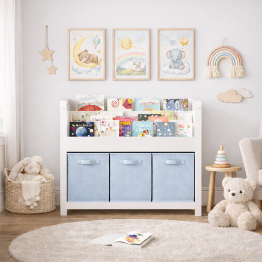 Kids Bookshelf With 3 Tier Front-Facing Storage And 3 Fabric Bins, Wooden Toddler Bookcase For Playroom, Nursery, Bedroom  Kids Book Organizer Shelf For Toys And Books