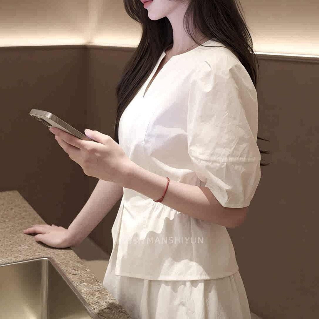 Summer New Arrival Designer White Puff-sleeve Waist-cinching Blouse