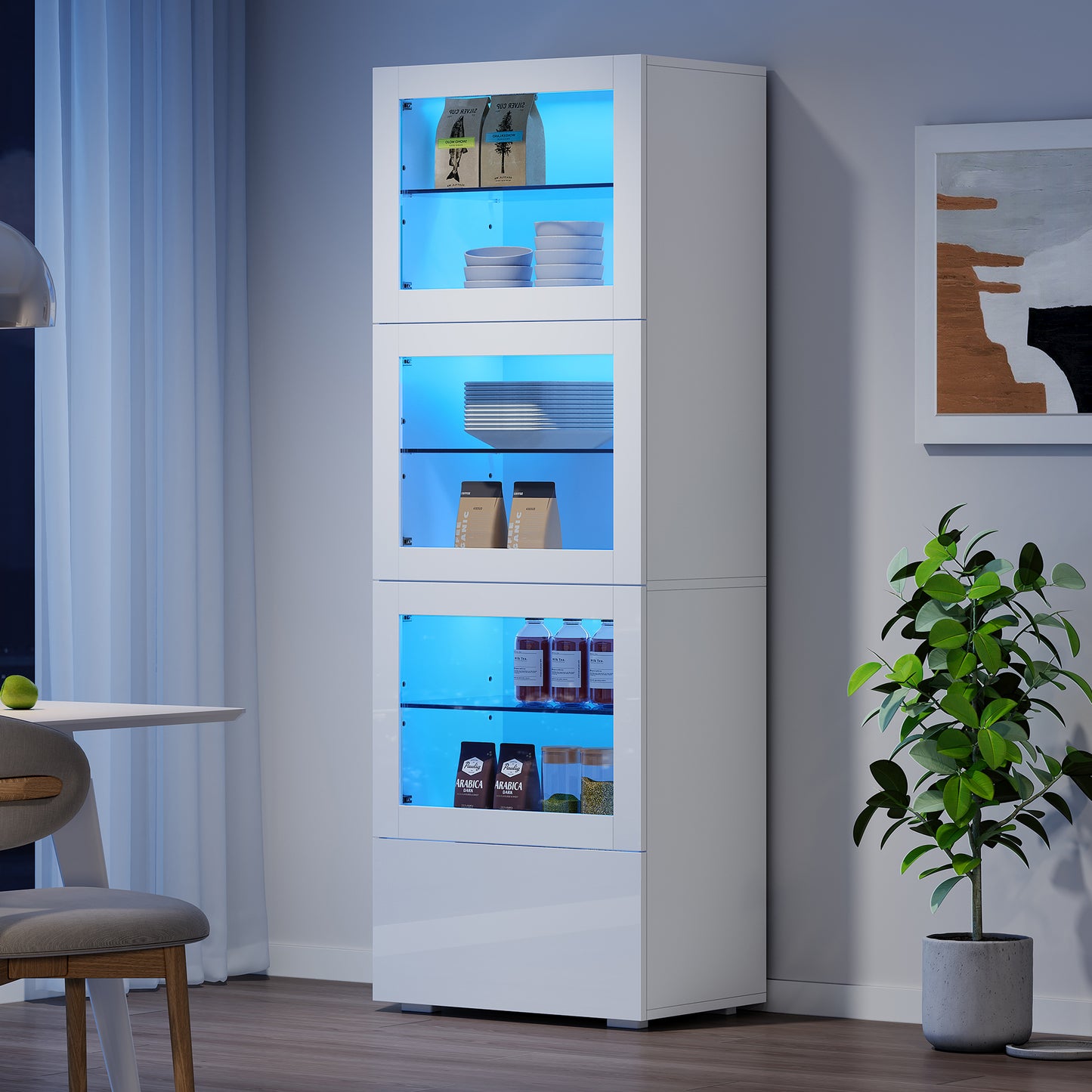 60x40x173cm Wardrobe,Showcase Outdoor Acrylic Wardrobe Door, Showcase High Gloss Storage Cabinet With LED Lighting, 3 Glass Floors, Highboard, Living Room Wardrobe, Storage Cabinet, Wardrobe, Sofa Clo