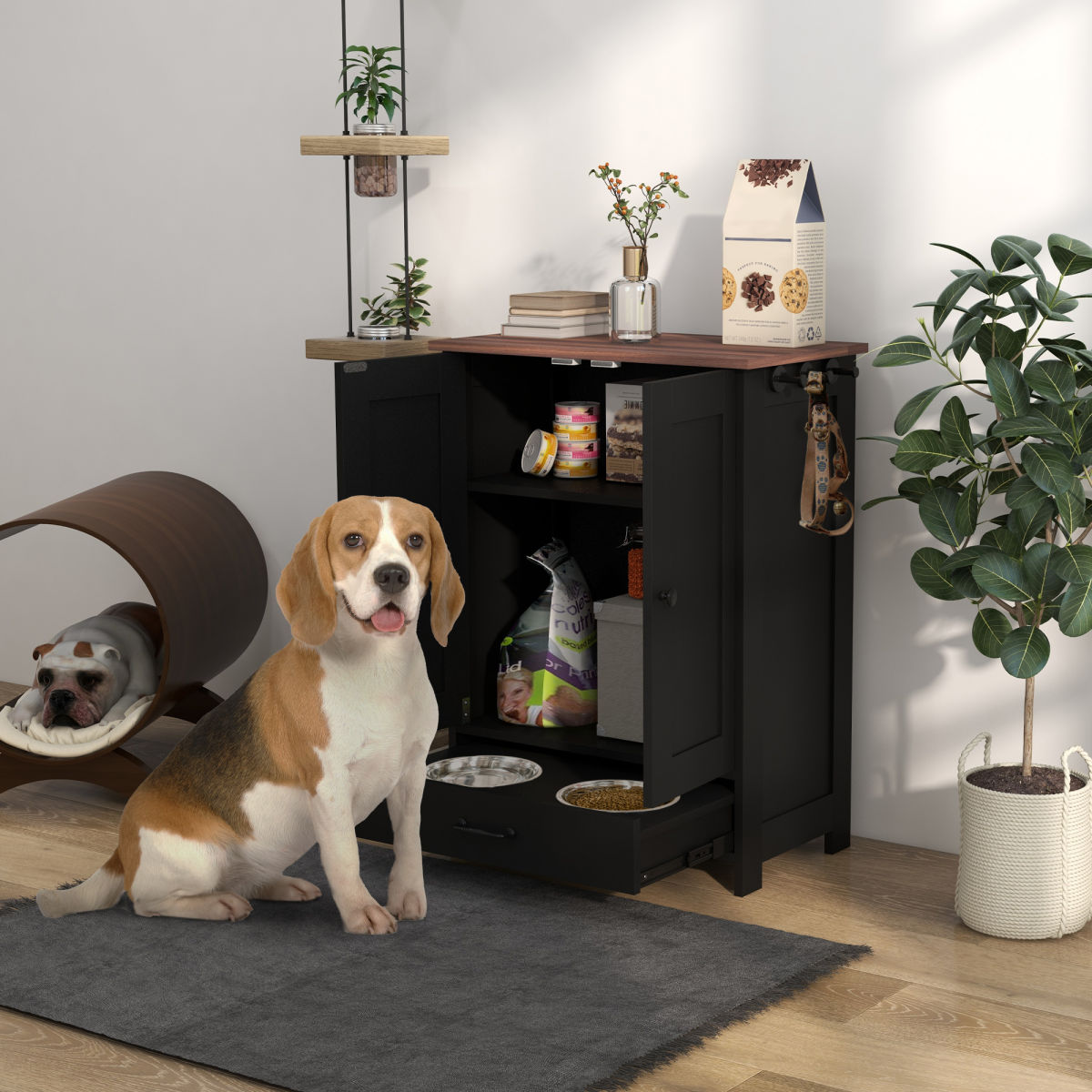Pet Feeding Station, Dog Food Storage Cabinet w/ Raised Dog Bowls, Adjustable Panel, Hooks for Medium Dogs, Black