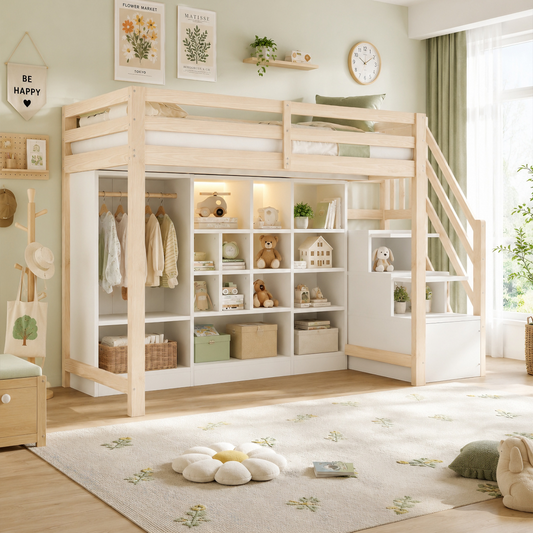 Loft Bed 90 X 200 Cm, With Storage Cupboards With Several Compartments And A Simple Wardrobe, With LED Lighting, Bed Frame And Integrated Side Ladder With Storage Space, Wood Colour