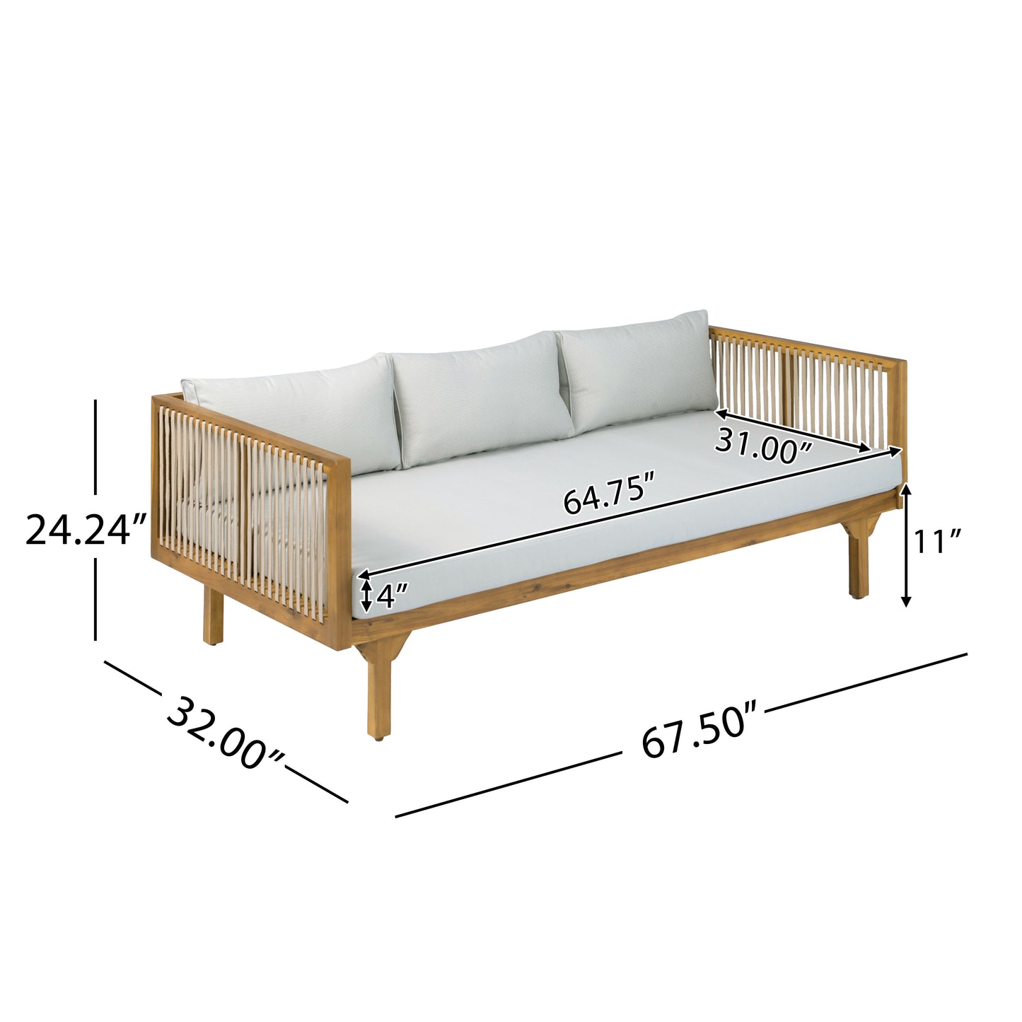 2-Piece Outdoor Patio Set Sofa With Light Gray Cushions & Light Brown Rope Back   Round Acacia Wood Coffee Table, Teak Finish, Water Repellent, 600 Lbs Sofa Capacity