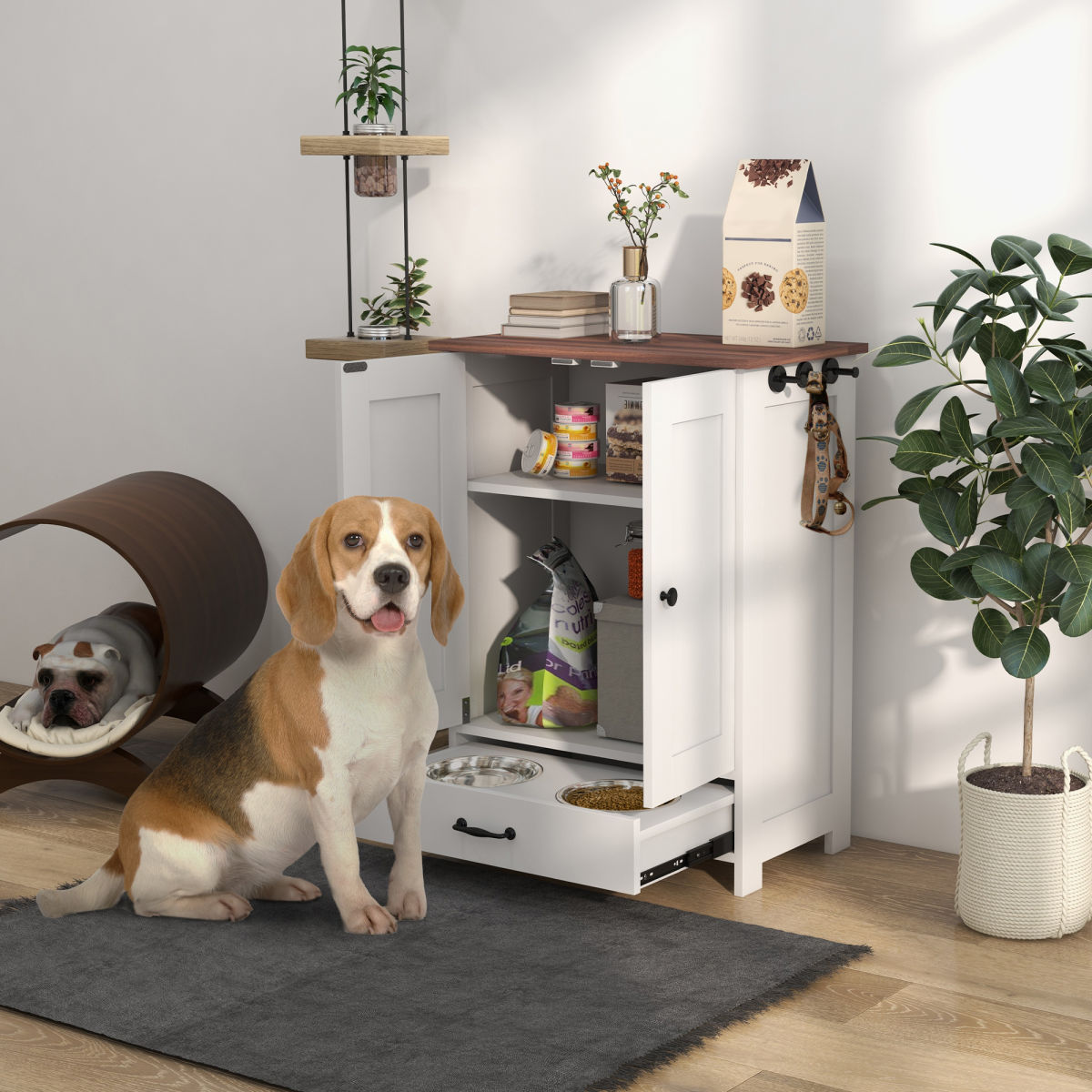 PawHut Pet Feeding Station With Raised Dog Bowls, Adjustable Panel, Hooks, White