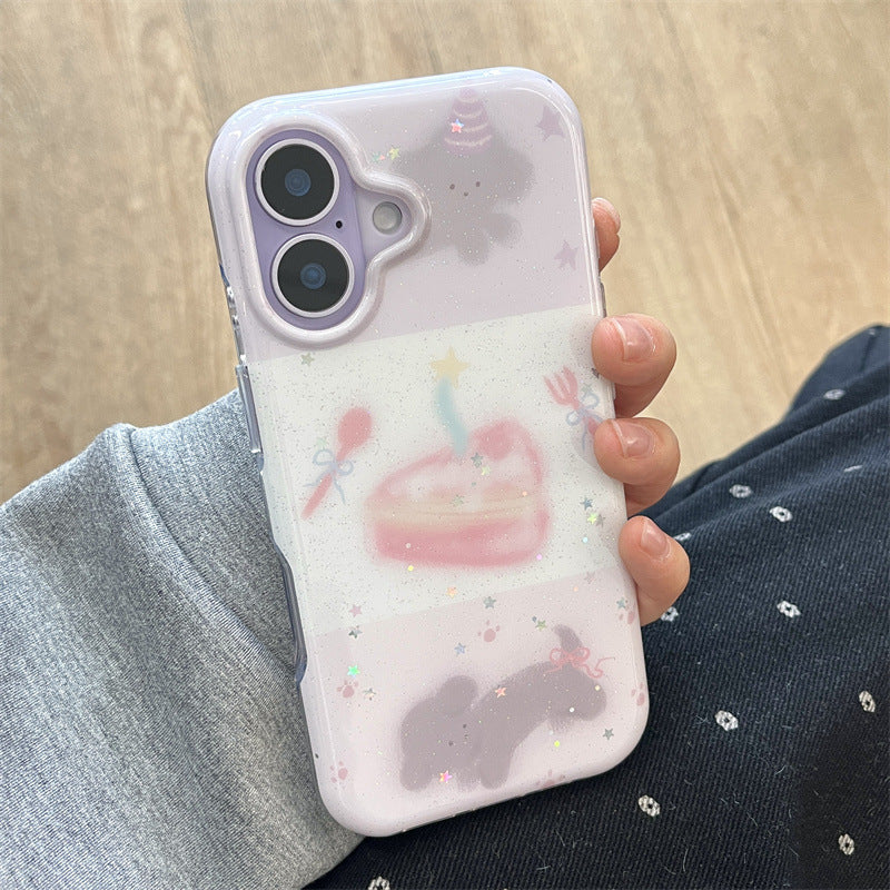 Korean-style Glittery Knife Fork And Cake Pattern Dog Phone Case