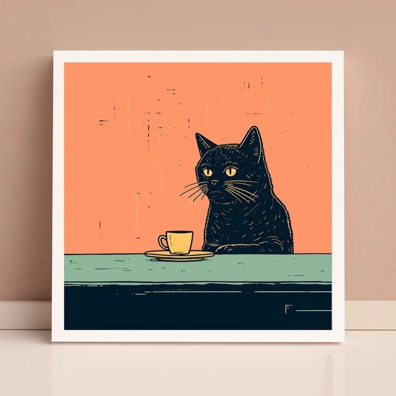 Retro Nostalgic Framed Wall Art For  And Restaurants Adorable Cartoon Cat Pet Design