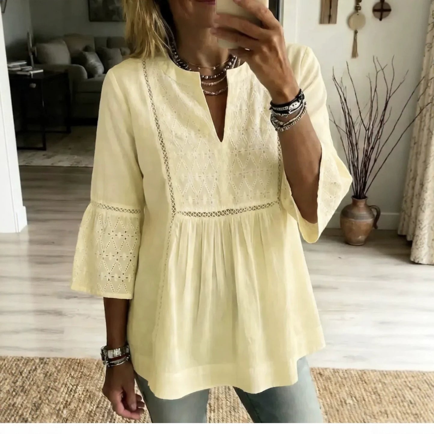 New V-neck Slit-panel Embroidered Three-quarter-sleeve Blouse
