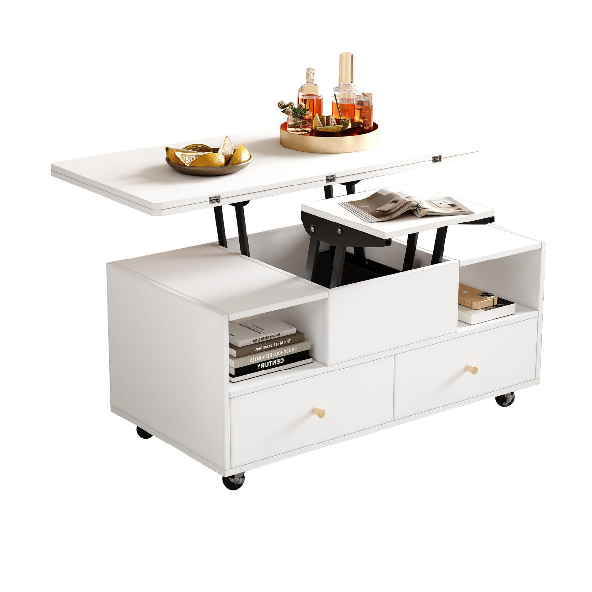 Lift-Top Coffee Table With Wheels, Centre Table With 4 Drawers 2 Lifting Platforms, Extendable Dining & Work Table, Lifting Sofa Side Table, Space-saving End Table,Tea Table,100x50x47.5cm, White