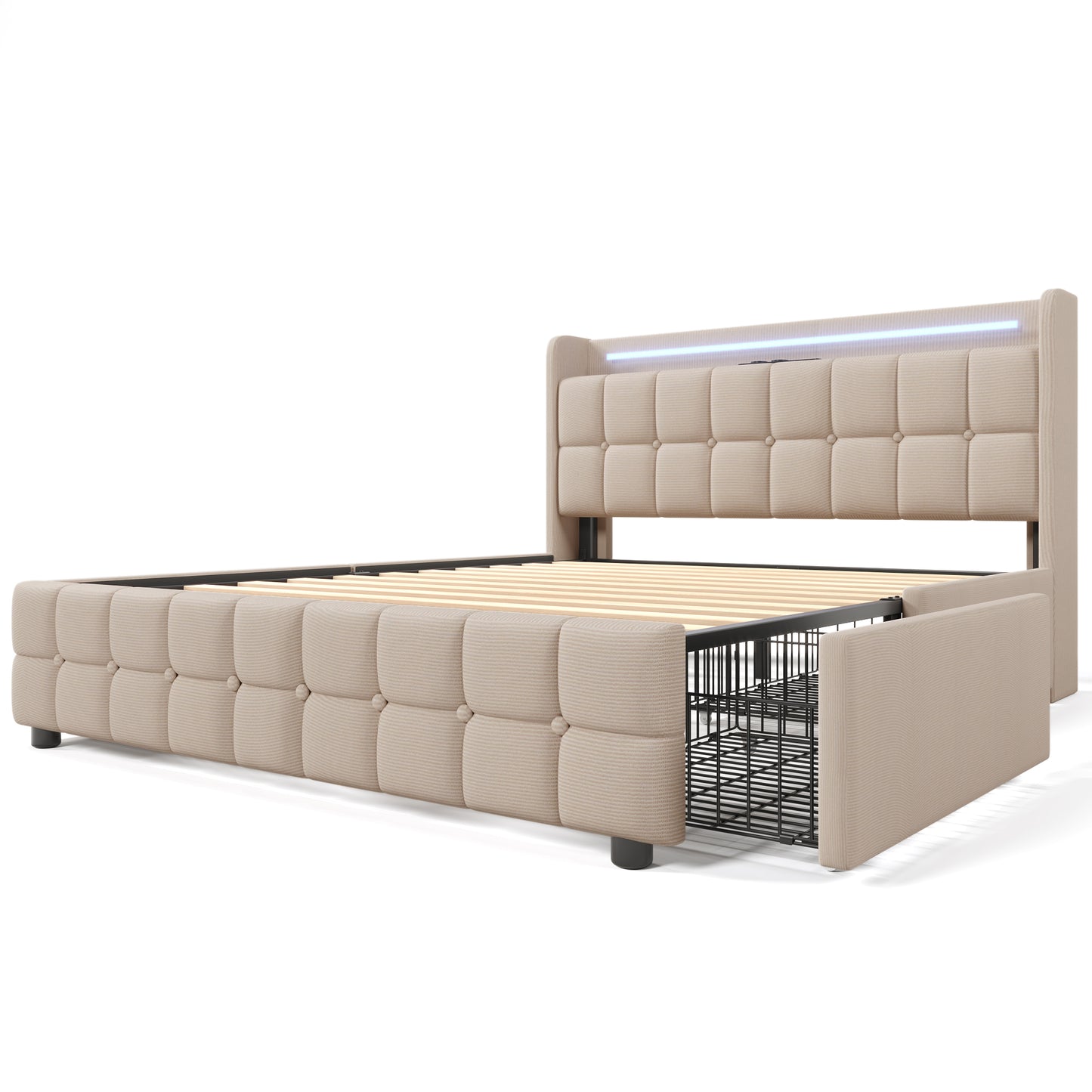 Sofa Bed With USB Charging Function, Headboard And LED Lighting And 4 Drawers, Double Bed 180x200cm, Storage Bed Frame, Wooden Spring Bed, Beige Without Mattress