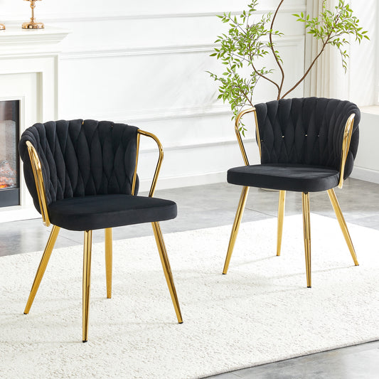 Dining Chair With Velvet Cover, Modern Upholstered Chair With Woven Backrest & Golden Metal Legs, Ergonomic Armchair For Dining Room, Living Room & Kitchen, Black And Gold