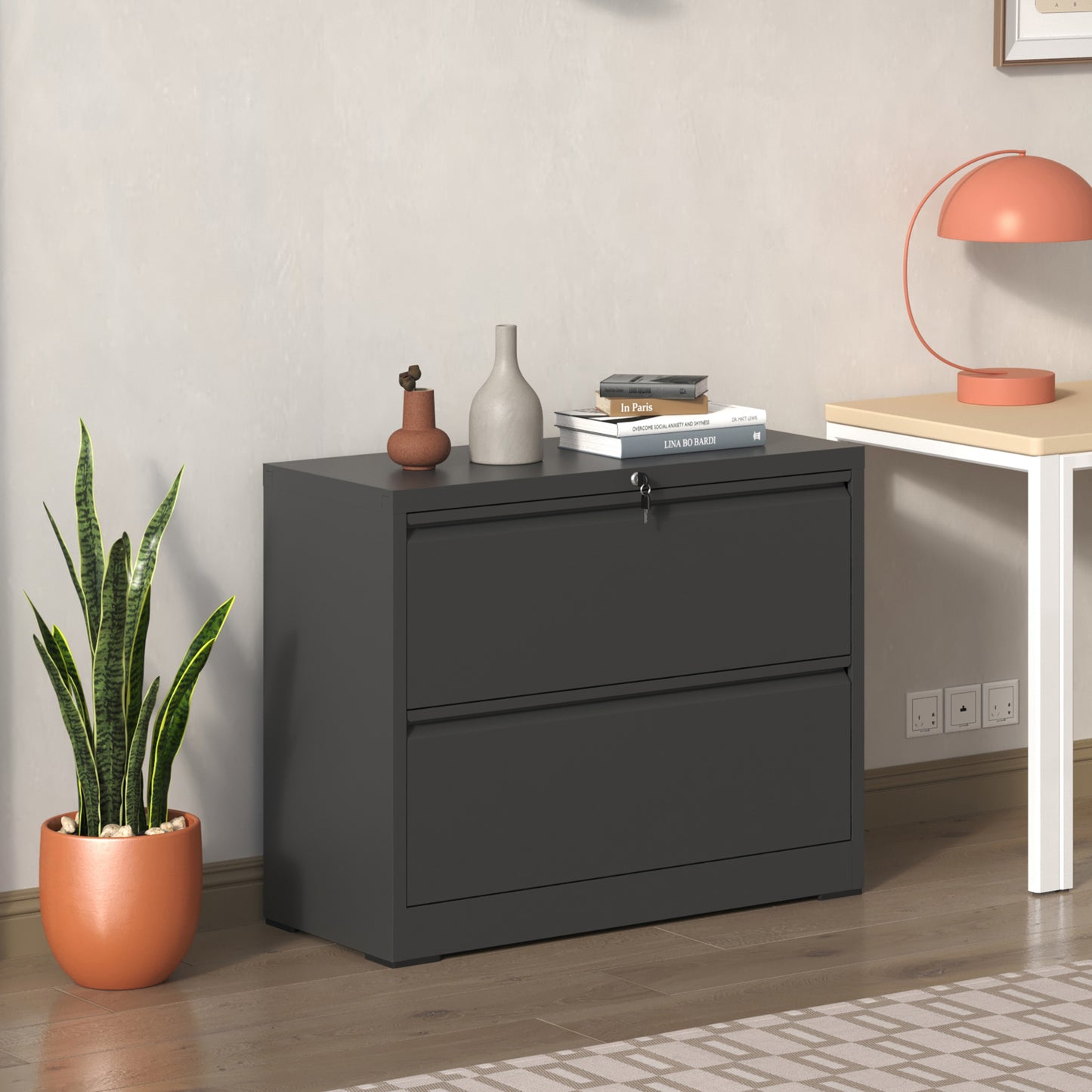 Lateral File Cabinet 2 Drawer, Black Filing Cabinet With Lock, Lockable File Cabinet For Home Office, Locking Metal File Cabinet For Legal Letter A4 F4 Size