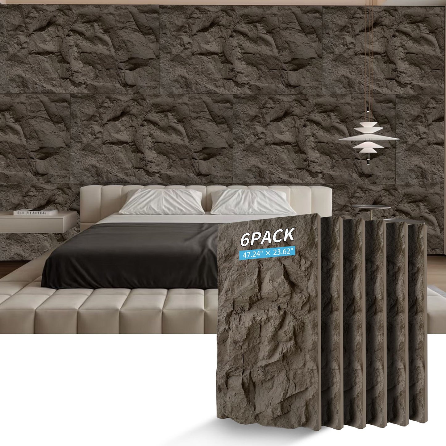 3D Faux Stone Wall Panels, 6 PCS PU Wainscoting Panel For Interior Wall Decor, Flame-resistant & Lightweight & Waterproof, For TV Wall, Office, Living Room, 47.24  X 23.62 Rock Stone  Space Black