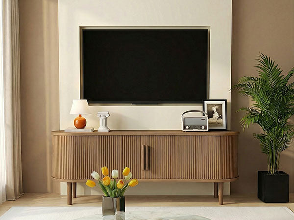 63in Fluted TV Stand Modern Media Console Table Entertainment Center With Sliding Door And Solid Wood Legs For Living Room Bedroom Office