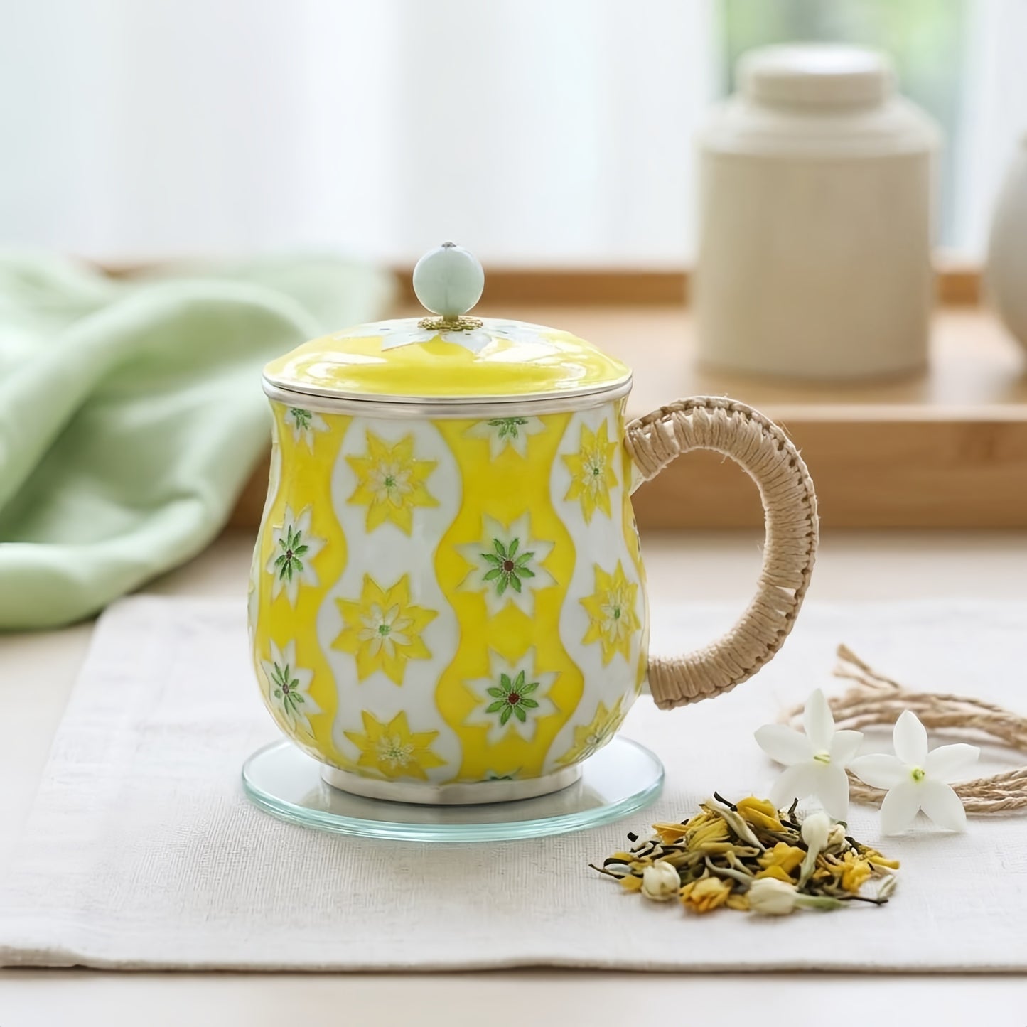 925 Sterling Silver Elegant Floral Enamel Tea Mug with Woven Handle and Jade Inlay Lid - Handicraft