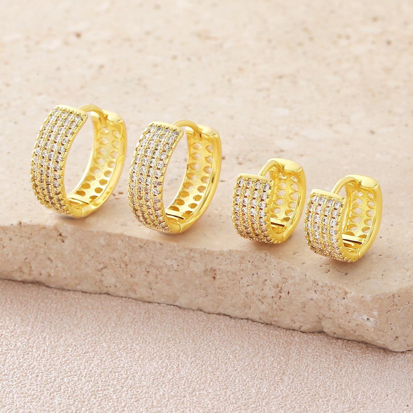 Gold Plated Copper Geometric Wide Hoop Earrings, Four Rows Inlaid Zircon, Minimalist Fashion Luxury Ear Jewelry
