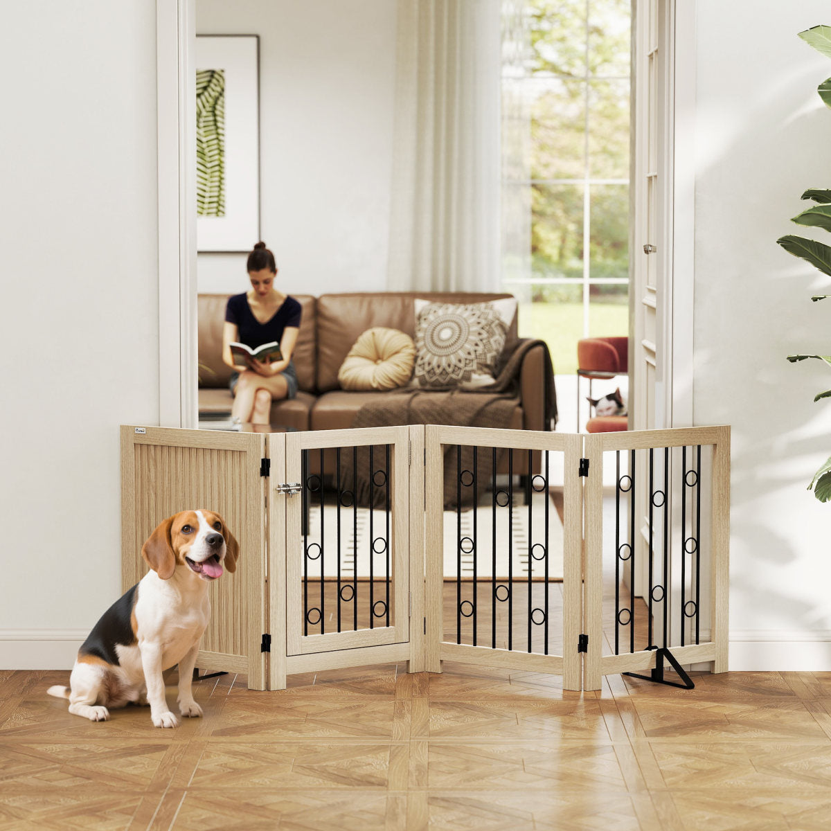 PawHut 4 Panel Freestanding Pet Gate, Indoor Dog Barrier With Lockable Door, Support Feet, 360° Flexible Hinges, Oak