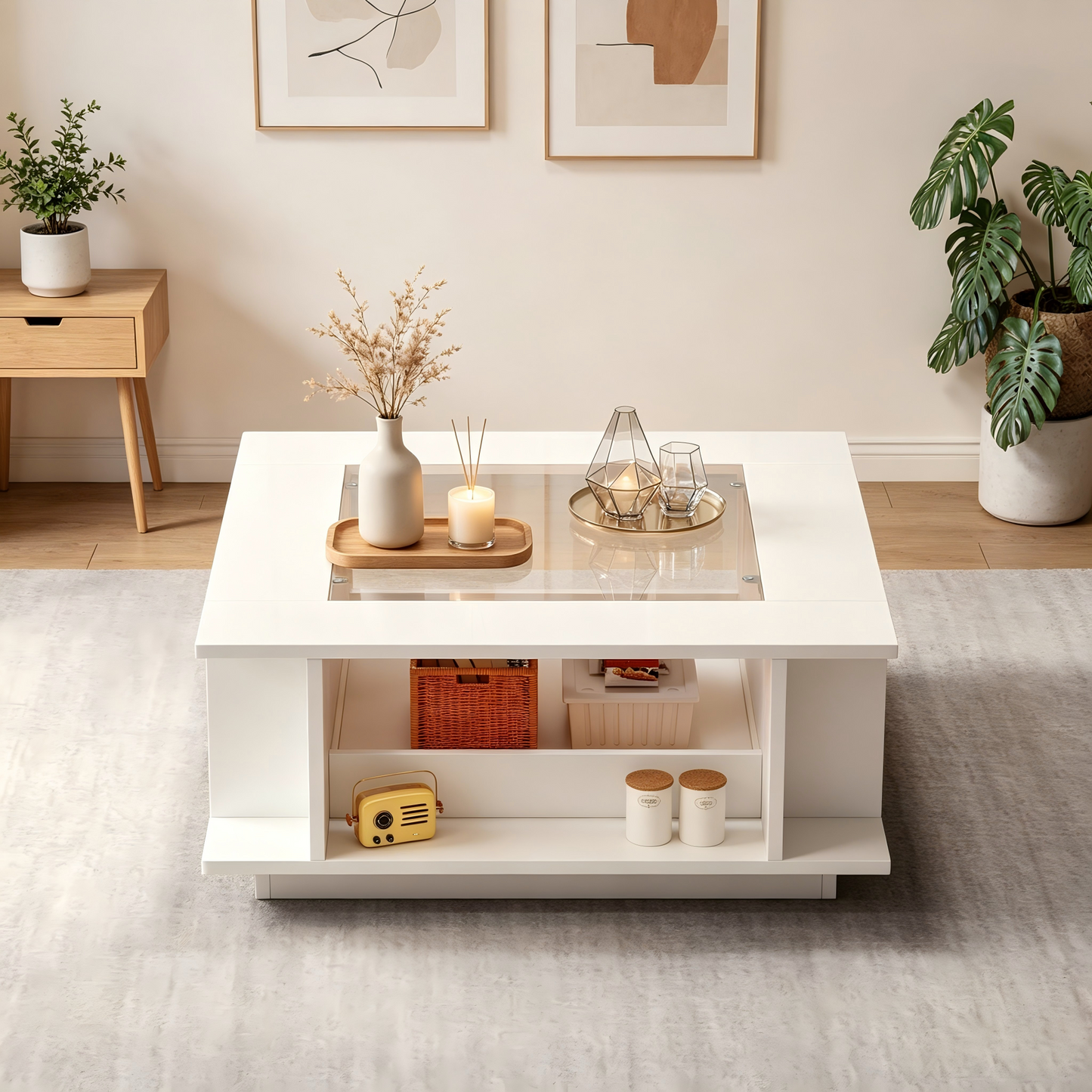 Coffee Table 70x70x30 Cm, Square Coffee Table In White With Glass Top, High-gloss Surface & LED Lighting, Side Table, Coffee Table, Living Room Table Made Of Chipboard, Loadable Up To 30 Kg