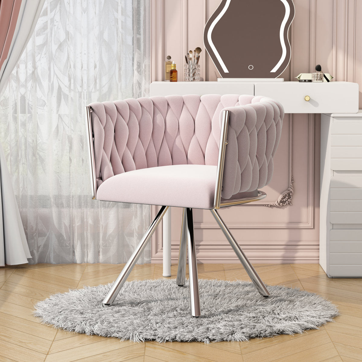Velvet Makeup Chair, 1pc, Single Luxurious Bedroom Swivel Chair, Leisure Swivel Chair, Four Metal Support Legs,