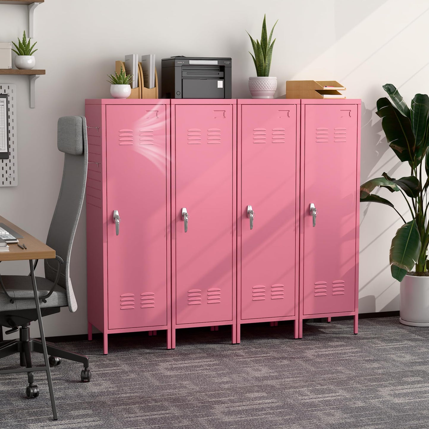 SUPEER Lockable Metal Lockers With Handle And Keys,Metal Storage Locker With 2 Pegboard & 5 Hooks For Home,Office,School,54.45inch H X 15inch W X 15inch,Pink,Required Assembly