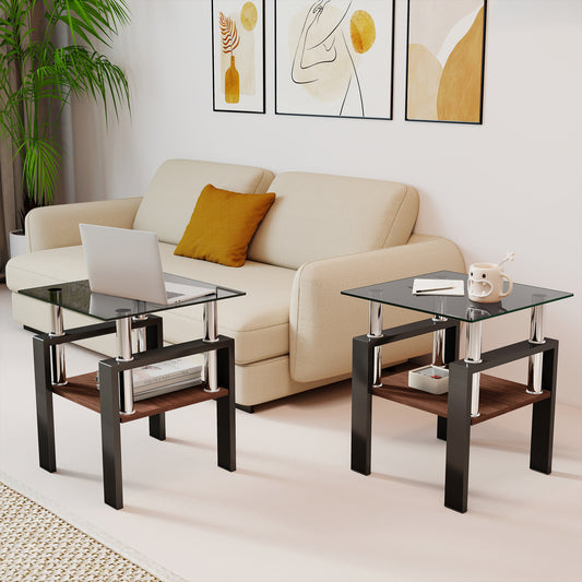 Set Of 2 Modern Tempered Glass Tea Table ,Tempered Glass Tabletop With MDF Layer,Coffee Table,End Table, Square Table For Living Room, Gray Black