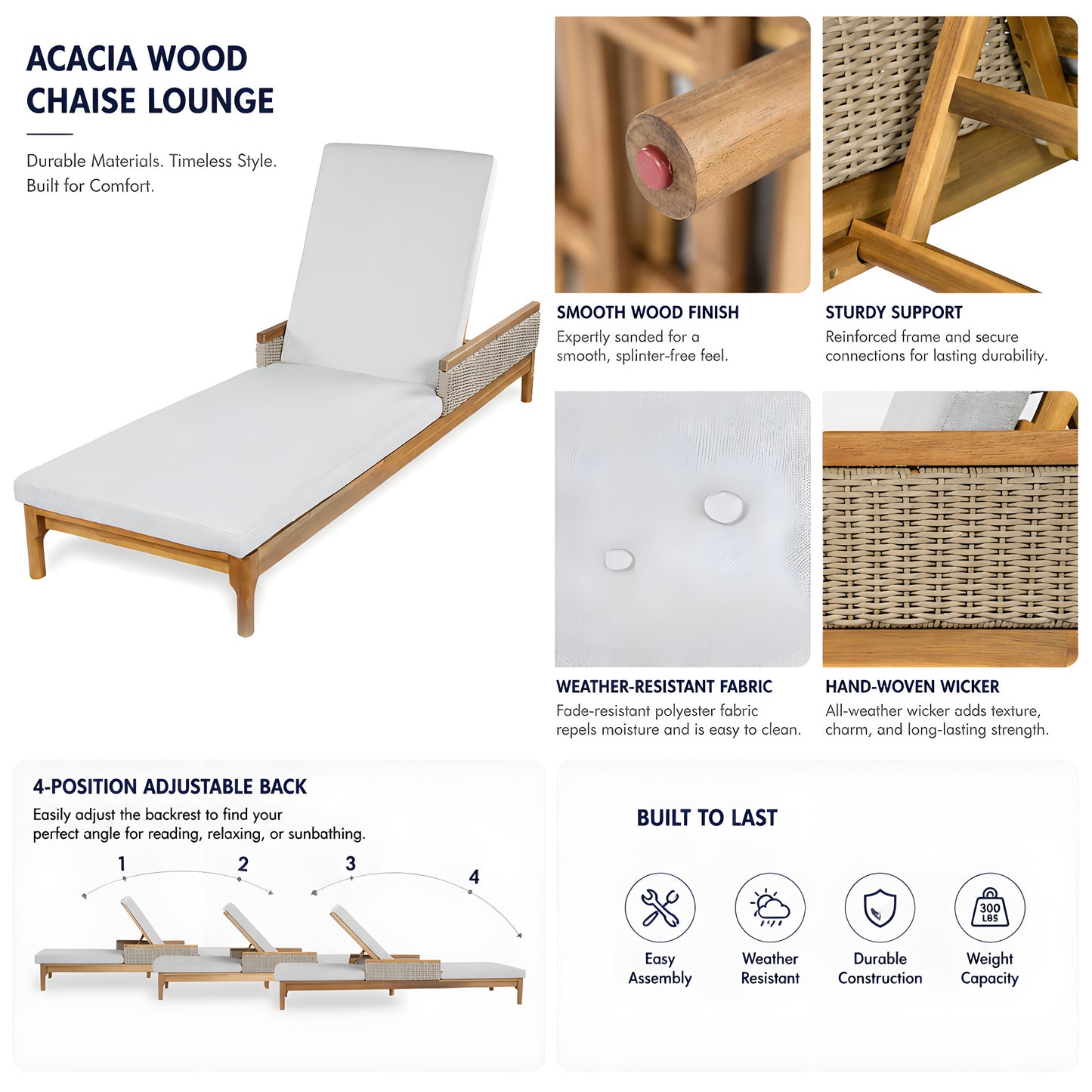Solid Acacia Wood Sun Chaise Lounger With Grey Cushions And Light Grey Wicker, 76.8  Outdoor Patio Furniture For Garden, Deck, Poolside Relaxation,Natural  Light Grey Wicker