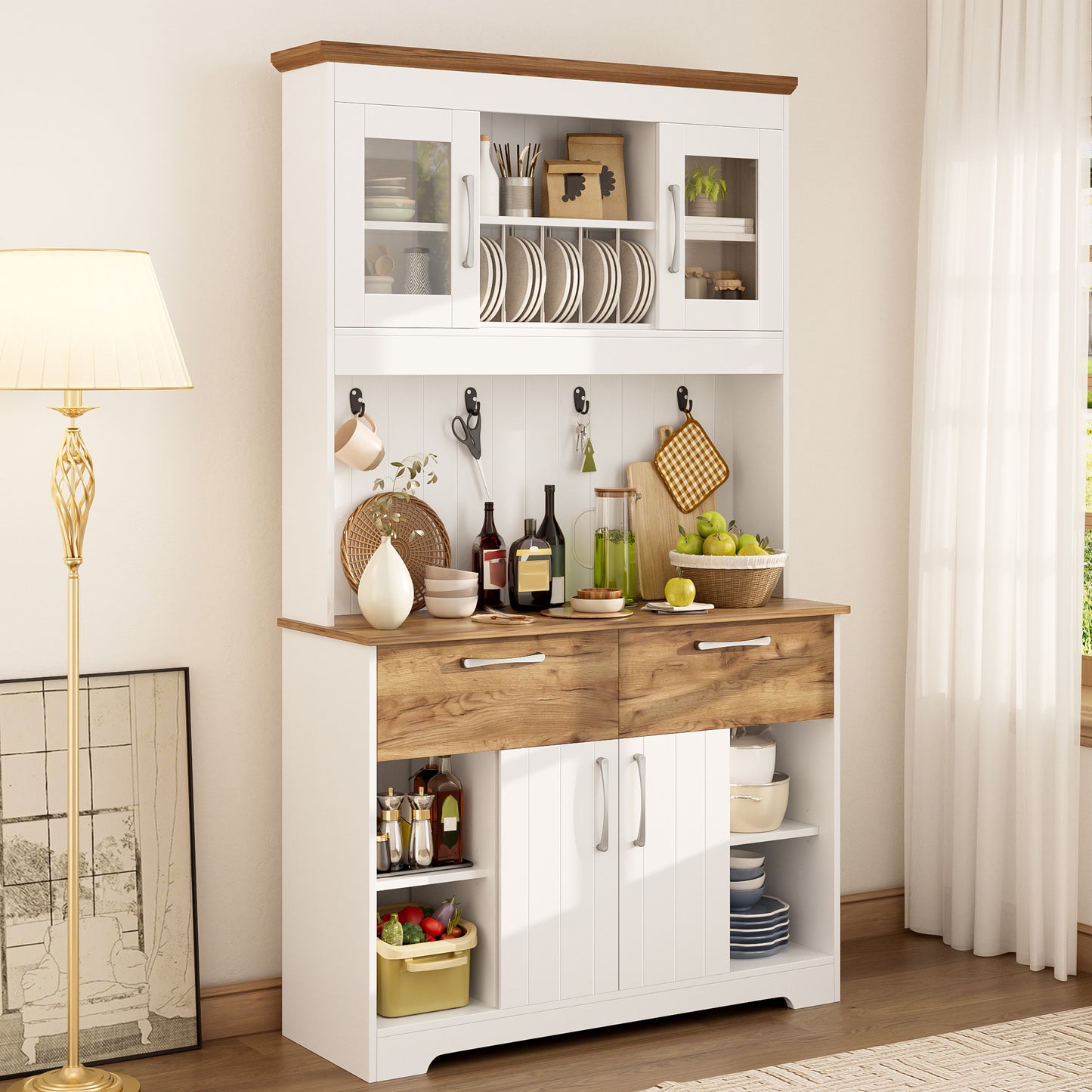 Large Kitchen Buffet Cabinet With Storage Space, Kitchen Cabinet With Display Cabinet Compartments, 2 Drawers, Doors And Hook Rail  Modern Buffet Cabinet For Kitchen, Dining Room & Hallway, 106 X39