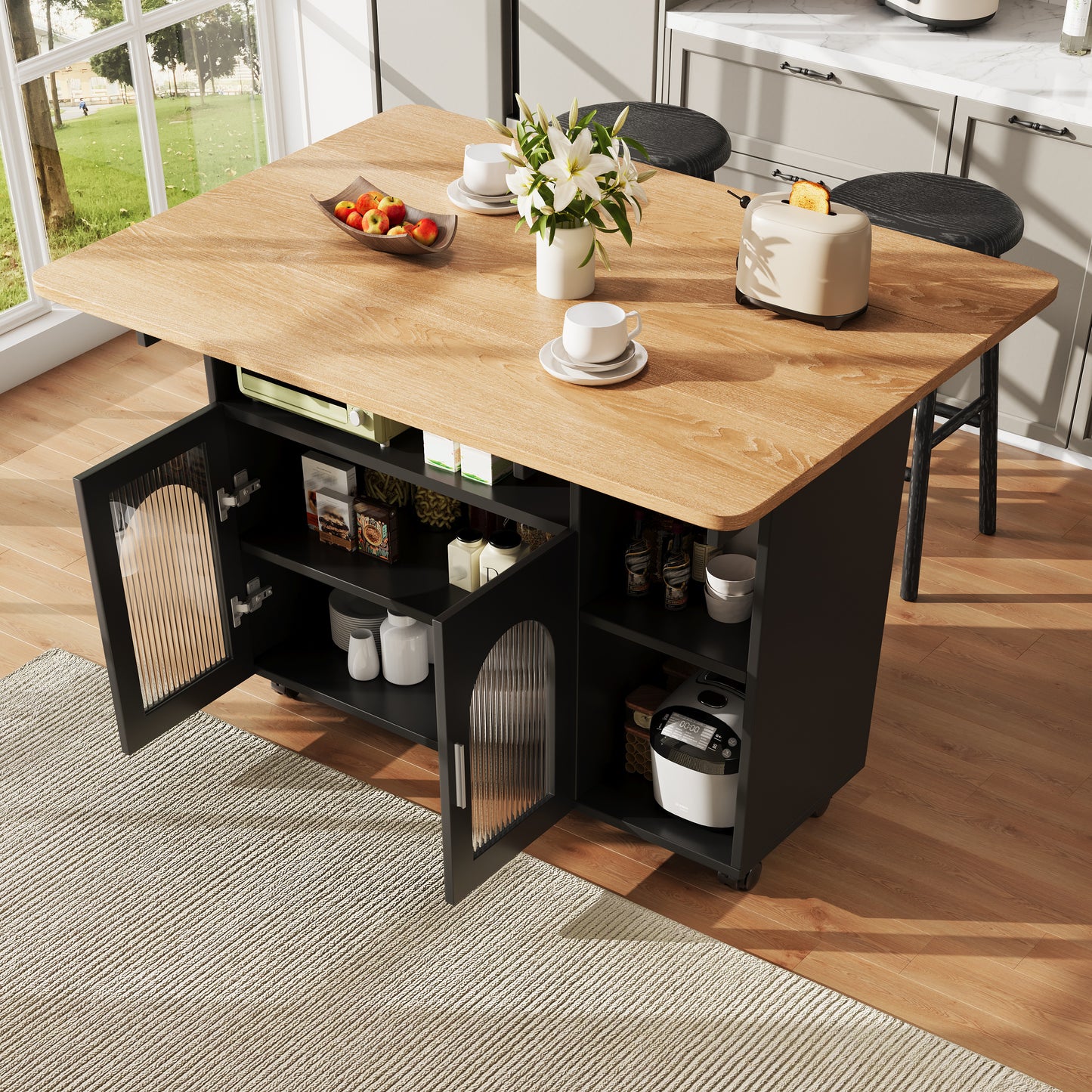Kitchen Island,Modern Kitchen Siland, Kitchen Cabinet, Removable Serving Trolley Buffet Cabinet, Dining Trolley With Wood Grain, Buffet Cabinet, Multifunctional Dining Table With Storage Space, Black