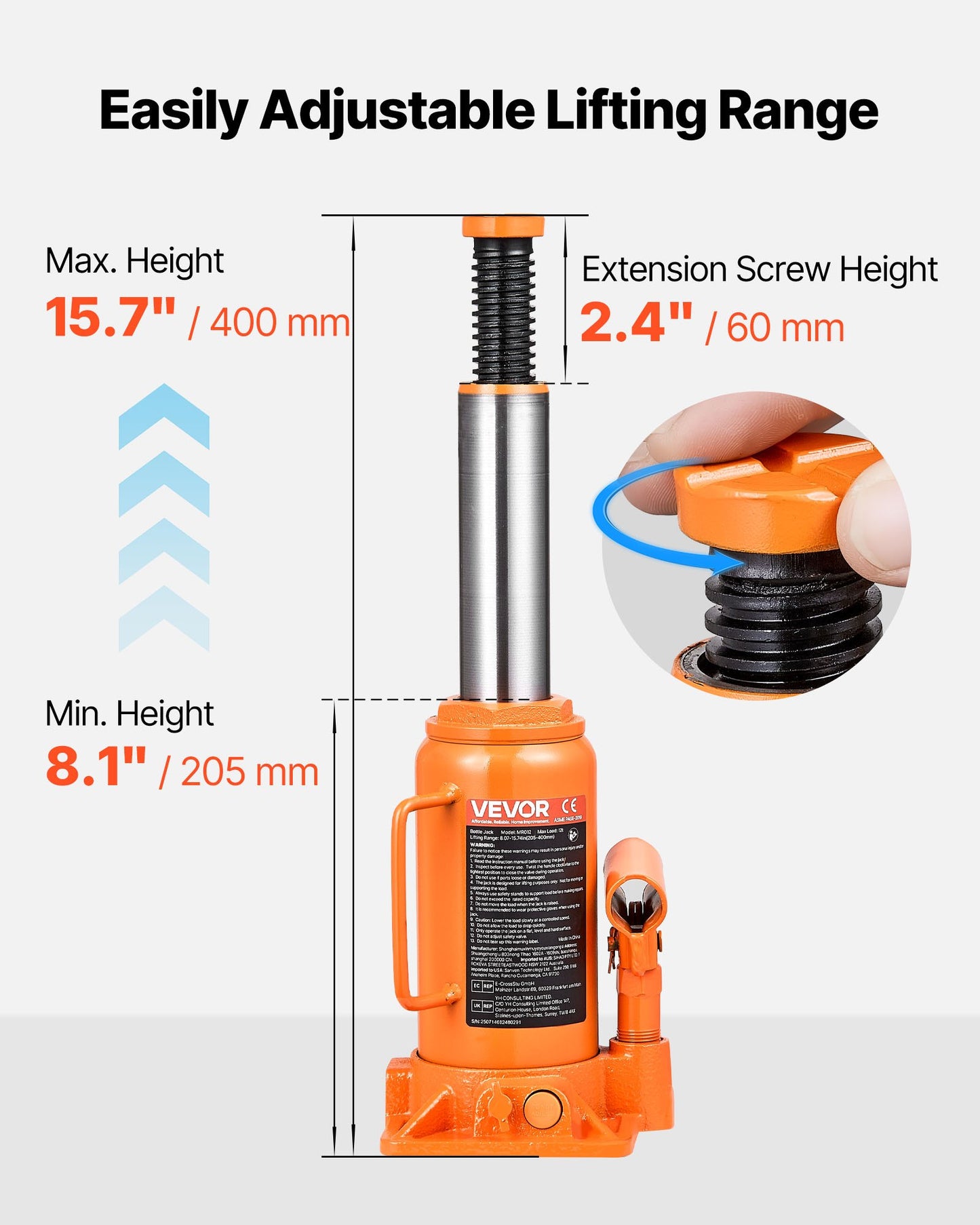 Hydraulic Bottle Jack, 12 Ton (26455.5 Lbs) Capacity, 8.1-15.7 Inch Lifting Range, Heavy Duty Welded Bottle Jack For Car, SUV, Pickup, Auto Repair, House Lift And Agricultural Equipment, Orange