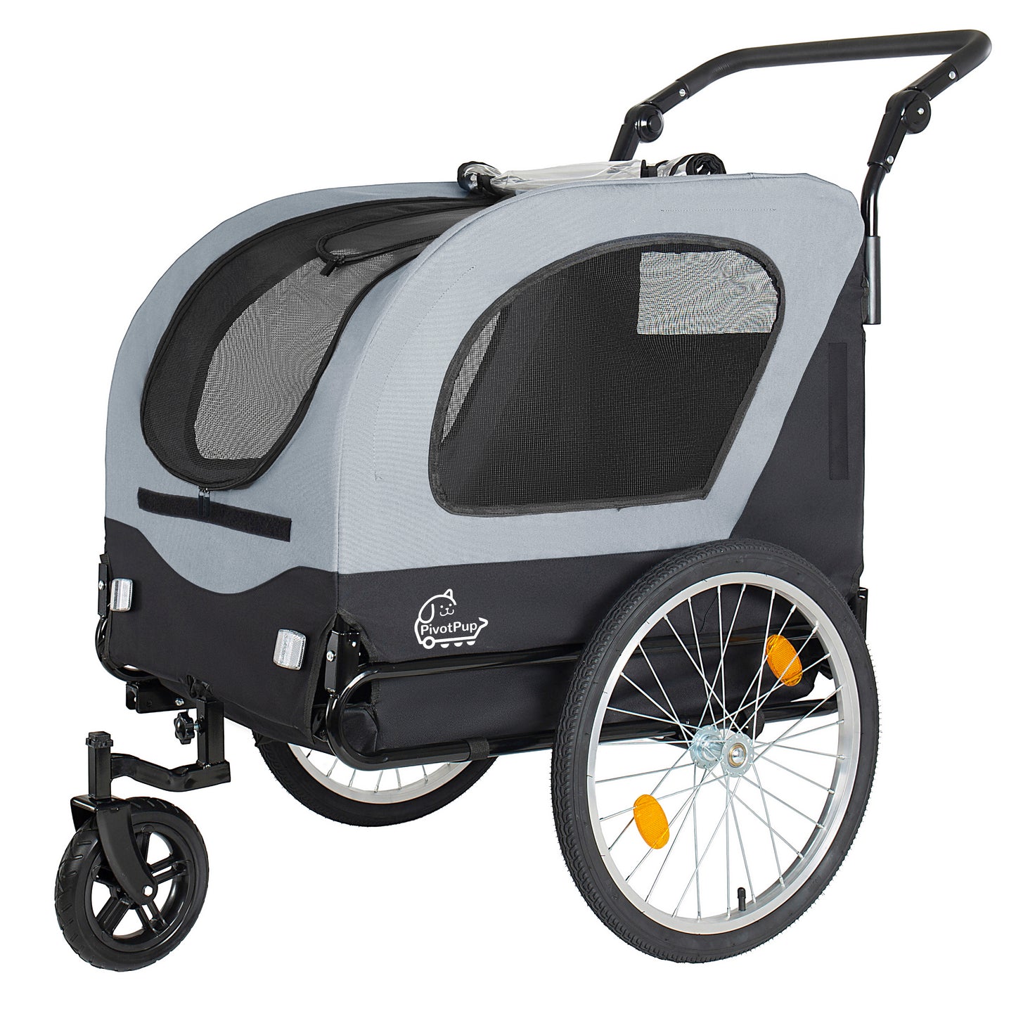 2-in-1  Bike Trailer & Pet Stroller For Dogs Up To 110lbs-Foldable Pet Carrier Cart With Front Caster & 20   Quick Release Air-Filled Wheels, Breathable Mesh And PVC Rain Cover, Gray