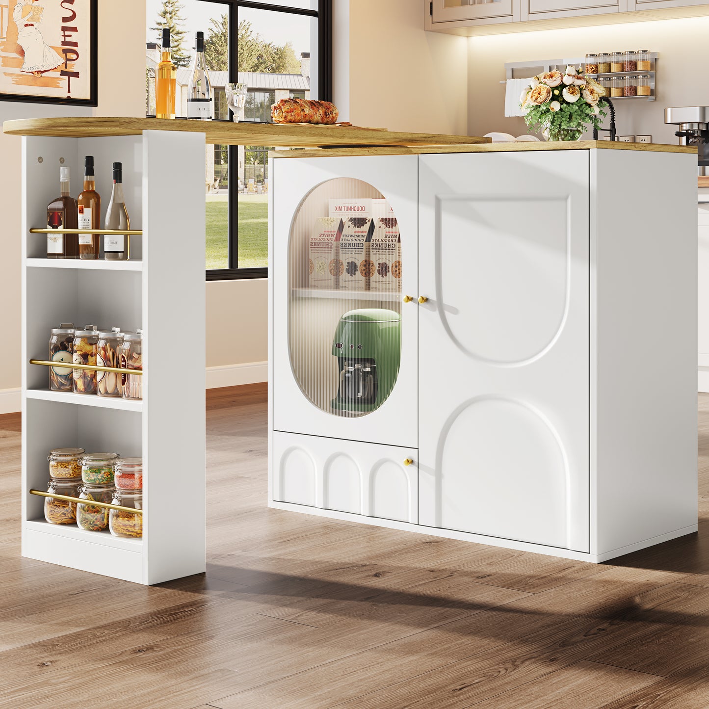 360 Rotatable Bar Table, Bar Table  Body 138 X 39 X 102 Cm , Coffee Bar Furniture, Swivel Dining Counter With Storage Space, Kitchen Island, Three Doors With Door Shelves, Removable Dividers, White