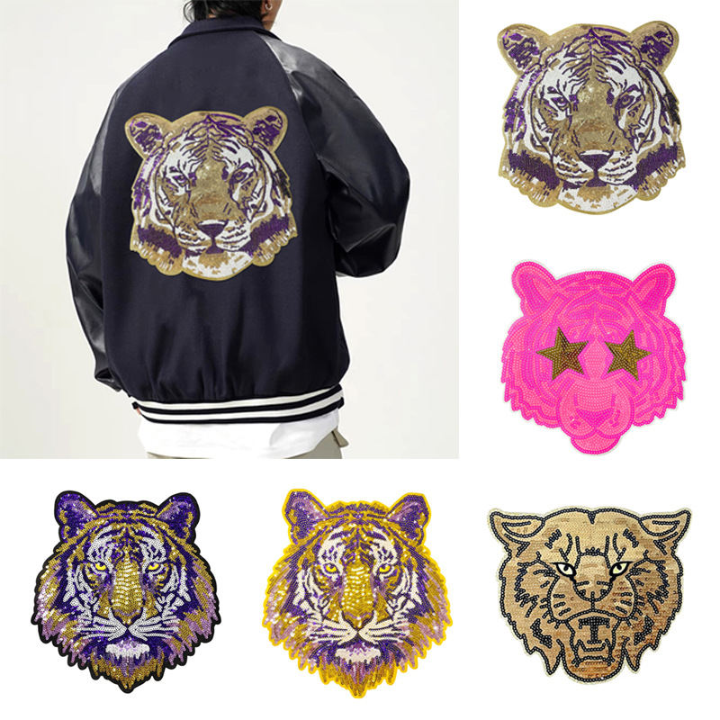 Embroidery Cartoon Sequin Tiger Head Adhesive Cloth Tape Clothing Accessories Large Patch