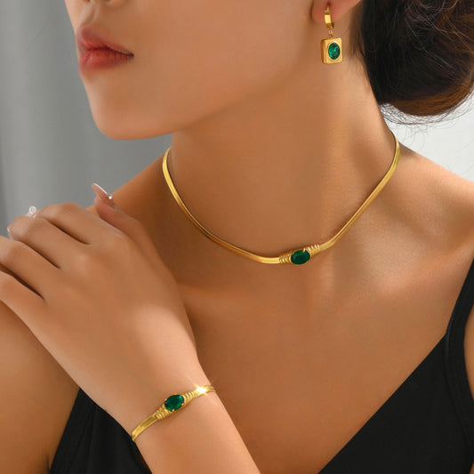 European American Cross-border Women Jewelry Set, Niche Light Luxury Necklace & Matching Earrings Inlaid Emerald Green Cubic Zirconia, Versatile Daily Fashion Accessories