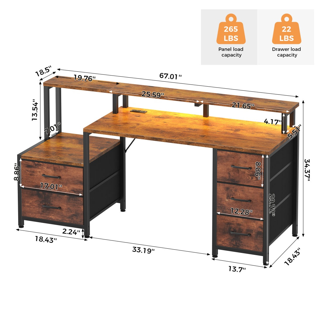 67-inch Computer Desk, Equipped With 5 Drawers And A Monitor Stand. The Gaming Table Comes With LED Lights And Power Sockets. The Printer Cabinet.