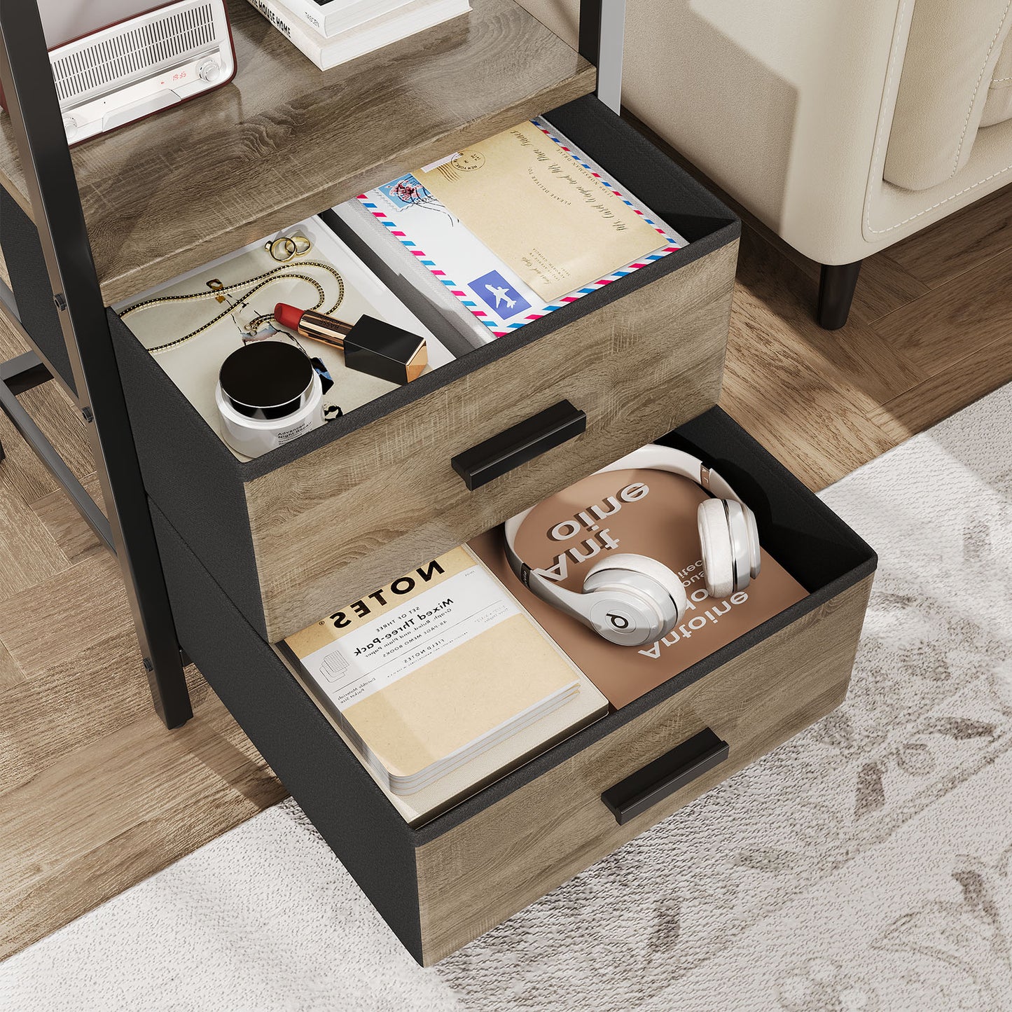 Nightstand With Charging Station Modern Bedside End Side Table With Guardrail Storage Shelf 2 Fabric Drawers USB Ports AC Outlets