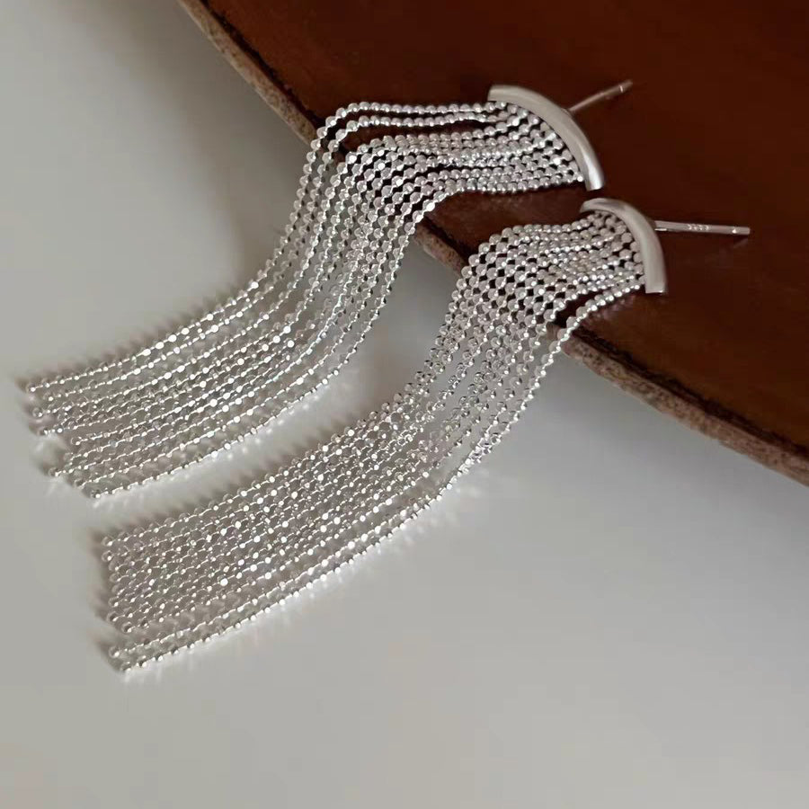 1 Pair 999 Sterling Silver Curved Beaded Long Tassel Earrings, Minimalist & Elegant, Perfect For Daily, Party & Dating, Ideal Valentine's Gift