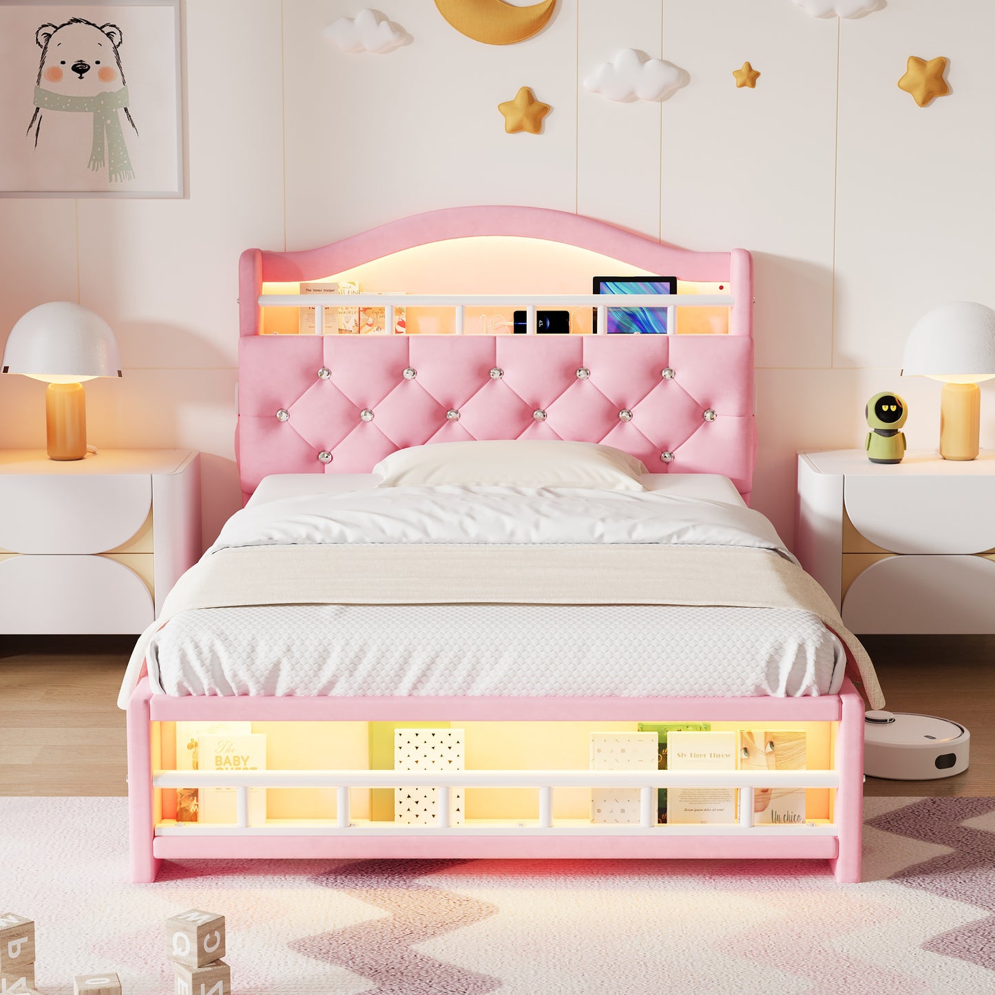 3ft Single Upholstered Velvet Bed Frame, LED Bed Frame With Charging Station & Diamond Tufted Headboard, Concealed Headboard Storage With USB And Type - C Ports, Easy Assembly, Pink No Mattress