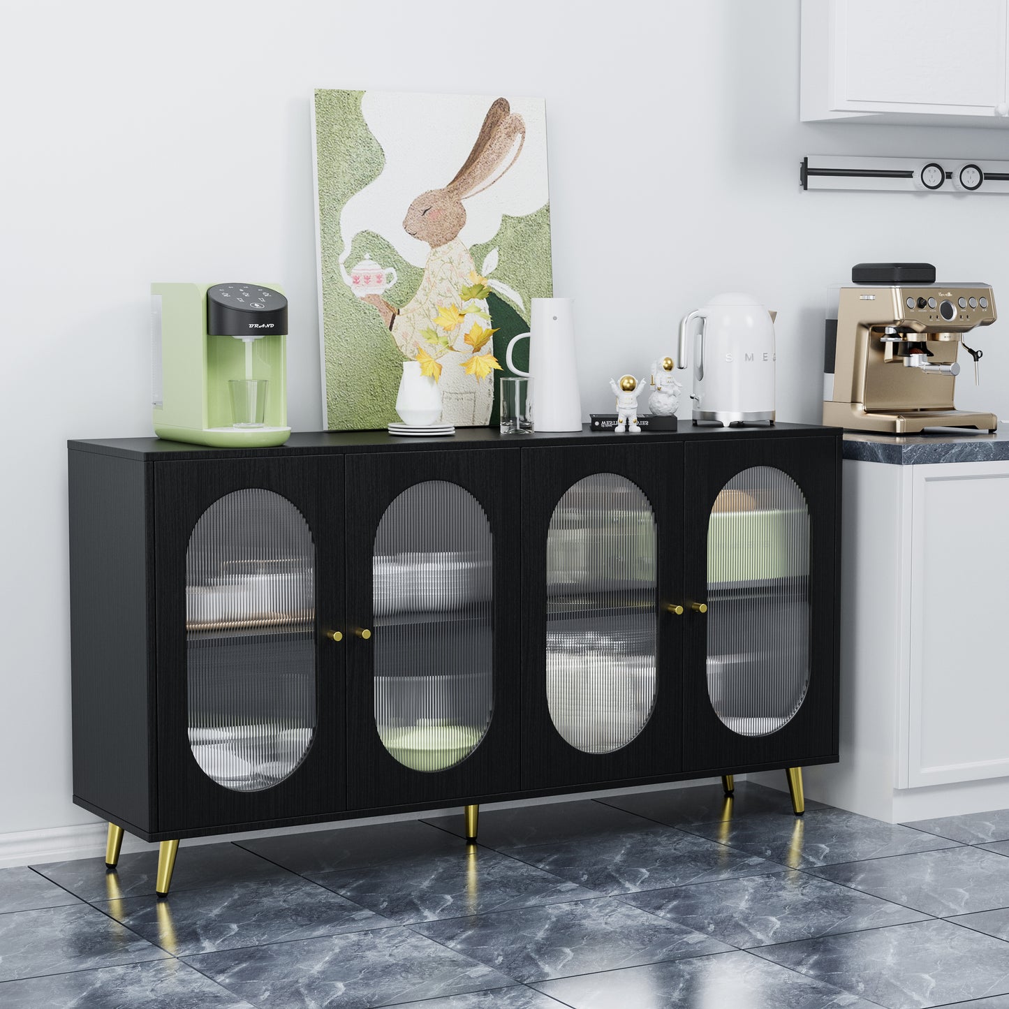 Modern Accent Sideboard Cabinet With Acrylic Doors, Freestanding Storage Cupboard Console Table For Kitchen Dining Living Room Hallway Office, Black