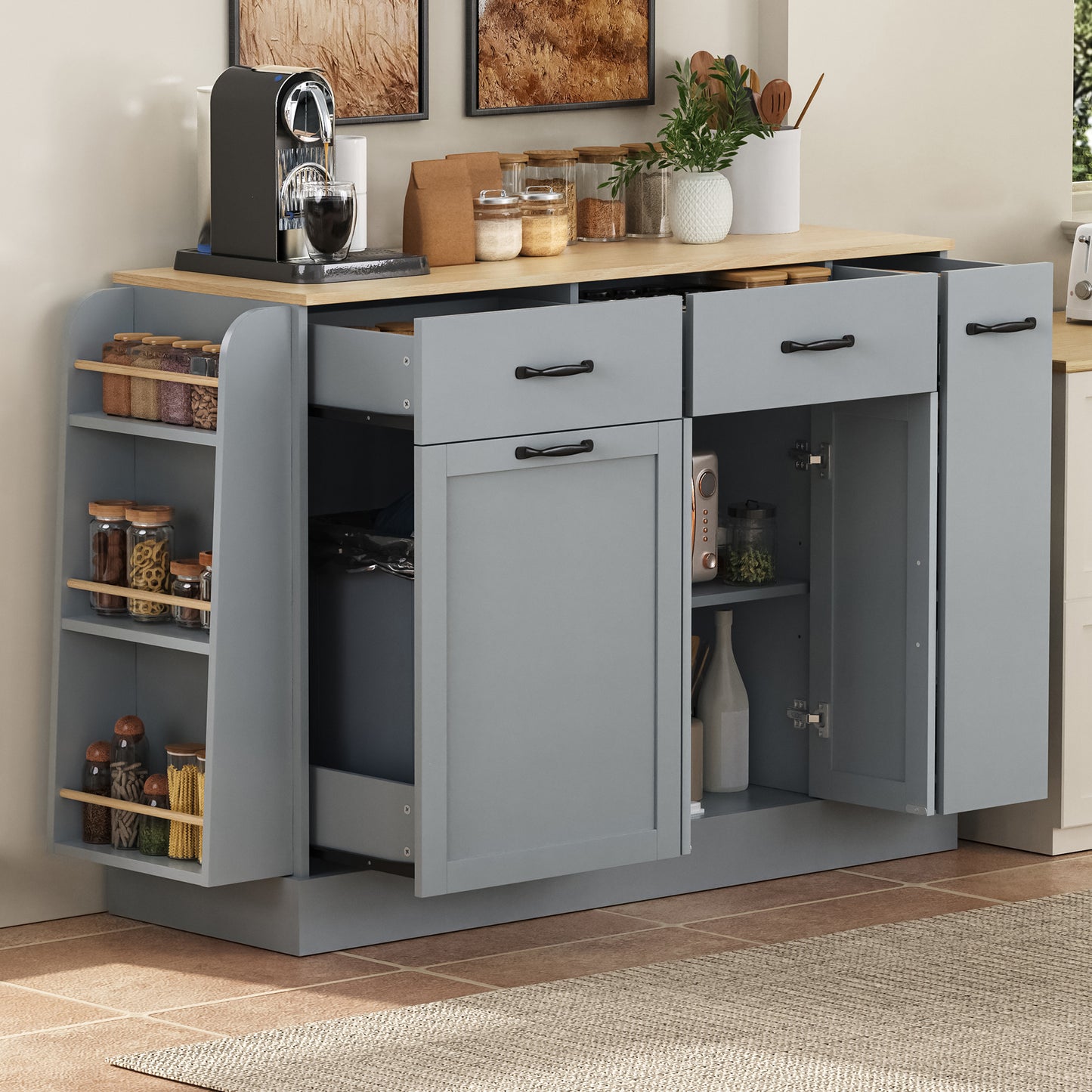 Modern Sideboard With Different Drawers, Buffet Cabinet With Waste Bin Compartment And External Spice Rack For Dining Room, Living Room And Kitchen  Grey