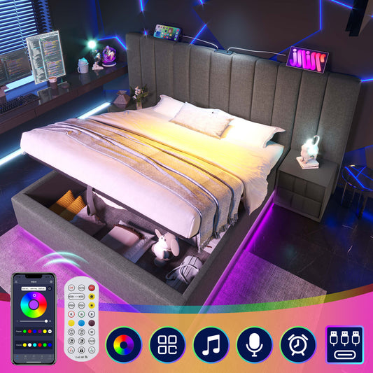 Upholstered Bed 160x200, Double Bed Storage Bed With App Control LED And USB-C Charging Function, Bed Frame With Slatted Frame, Linen, Grey, Without Mattress And Bedside Table