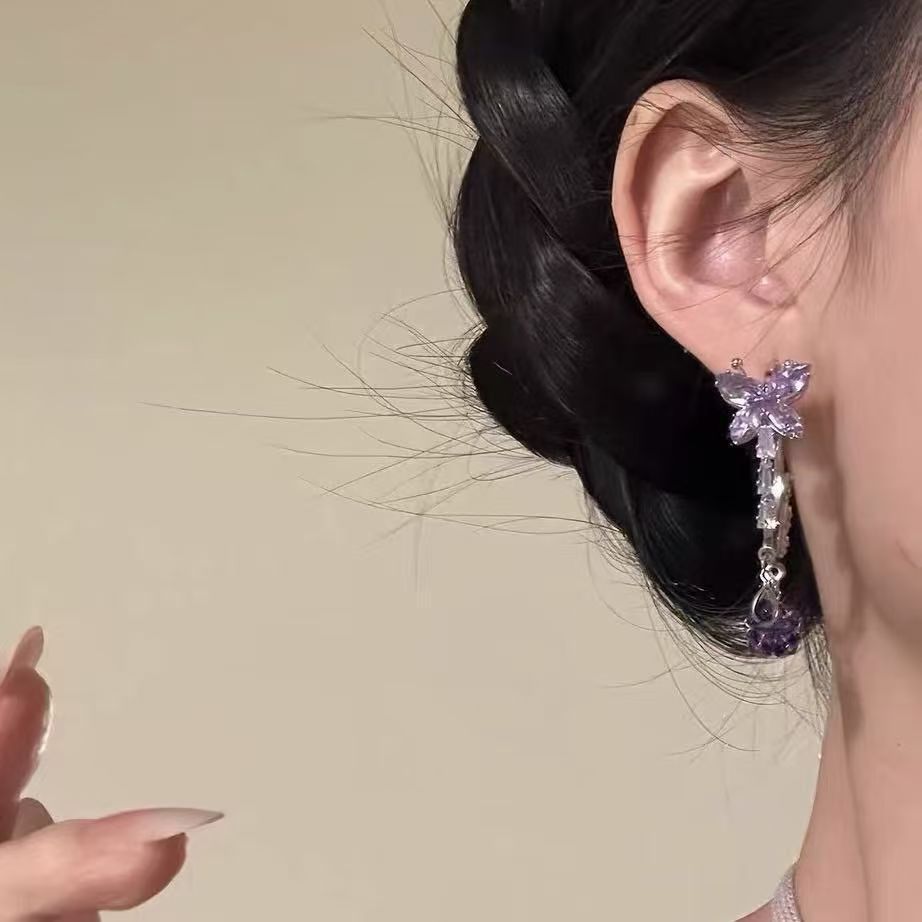 New Purple Butterfly Water Drop Earrings, Popular Niche High-end Versatile Studs For Women