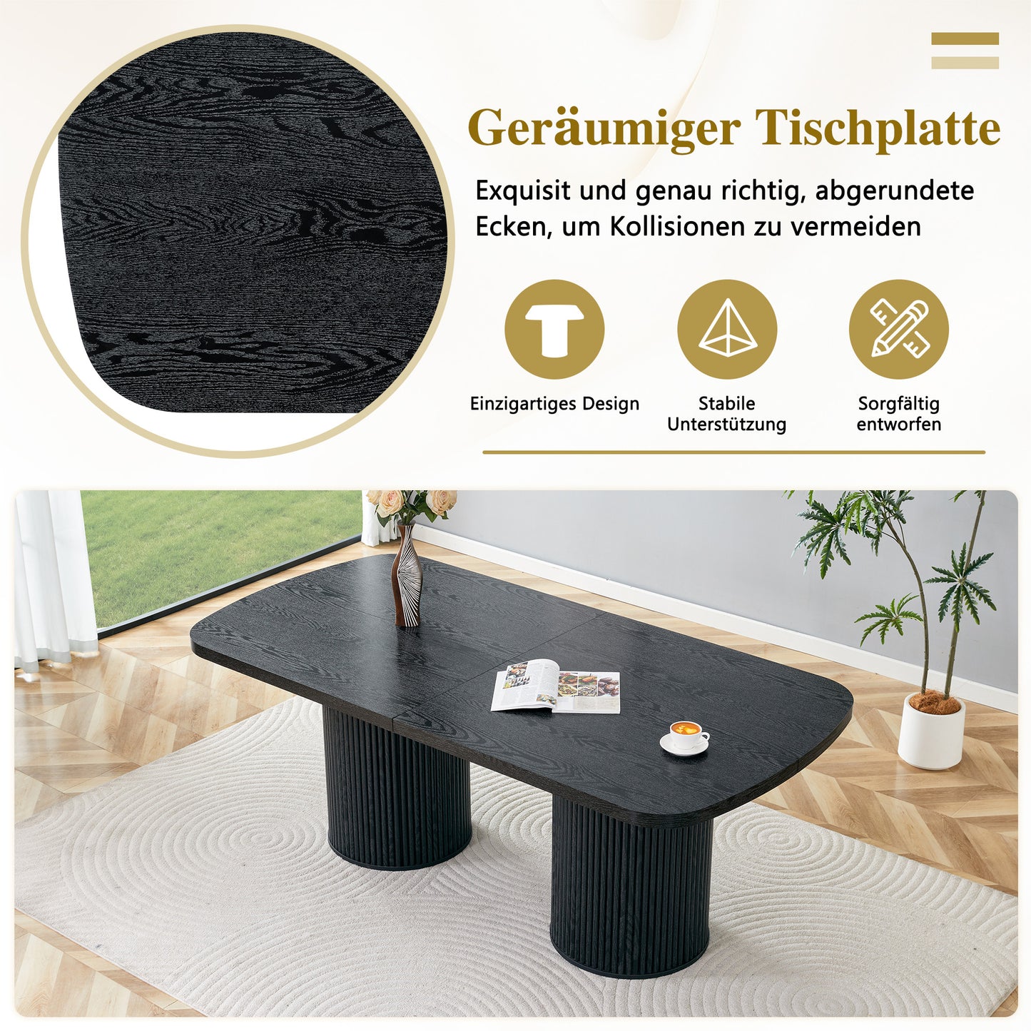 Modern Oval Dining Table With Fluted Column Base, High-quality MDF Surface In Wood Look, In Wabi-sabi And Mid-century Style For The Home Kitchen