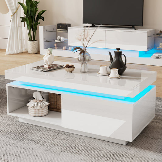Modern High-gloss Coffee Table With LED Lighting, 100x50x40.3 Cm - Elegant Table With Drawer And 50 Kg Load Capacity