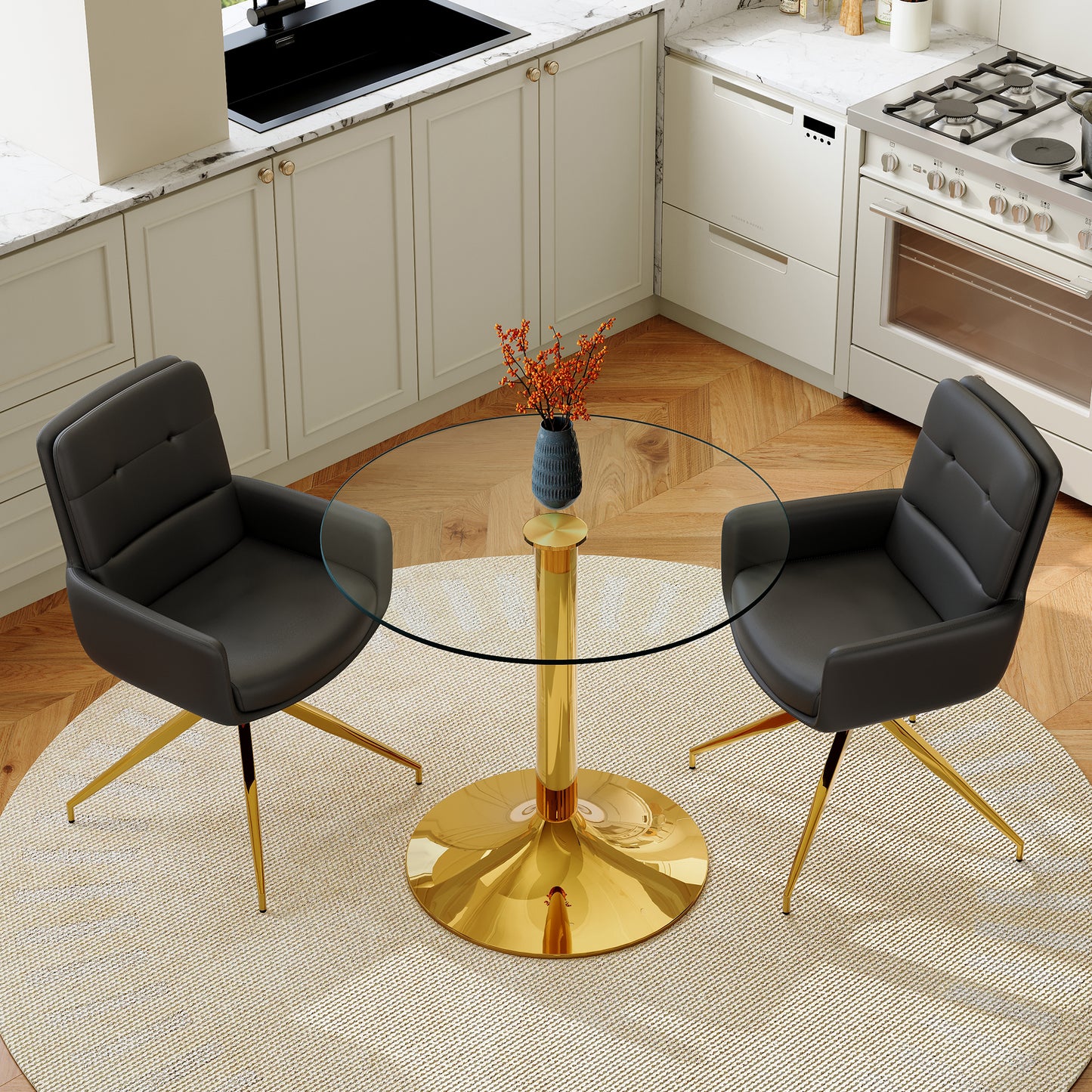 Table And Chair Collection 85 Cm Diameter, Slightly Luxurious Round Tempered Glass Table With Metallic Support Structure, Matching 2 Black-gold 360 Swivel PU Dining Chairs.