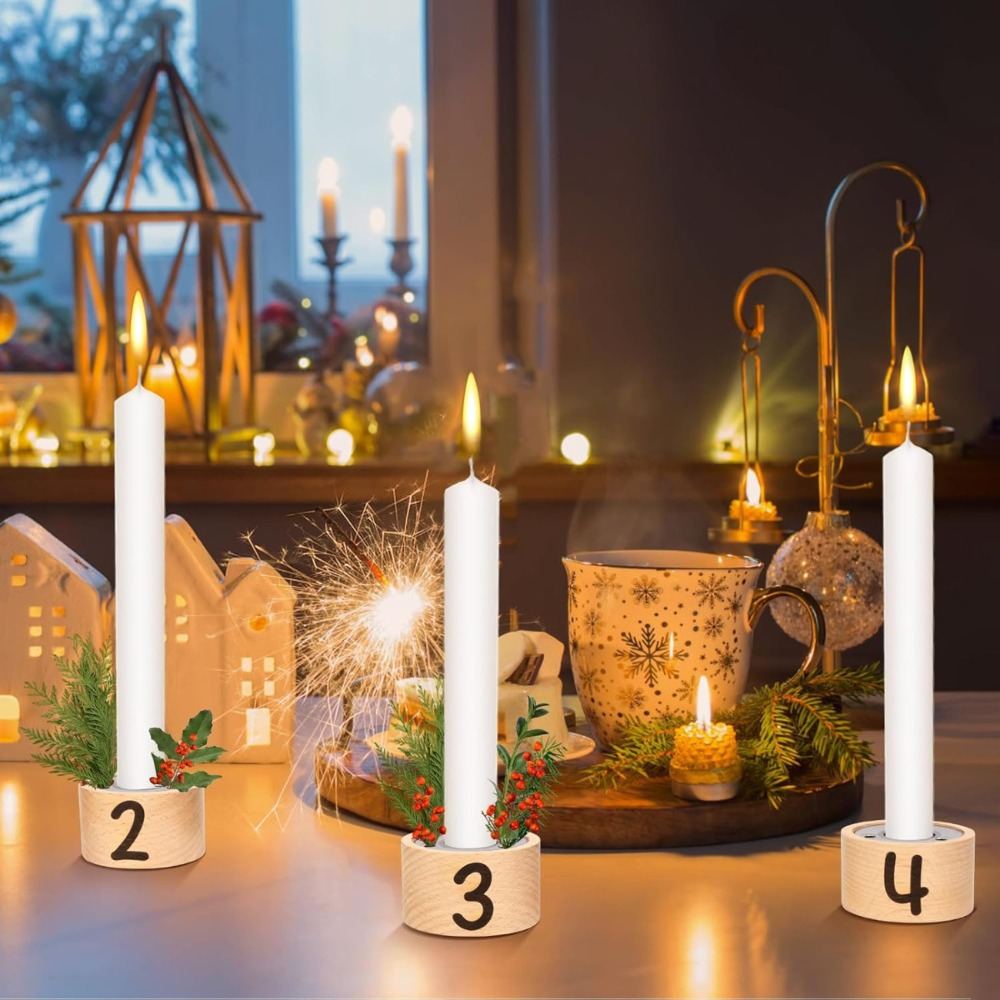 Set Of 4 Advent And Christmas Wooden Candle Holders, Tealight Holders With Advent Numbers & Flower Inserts For Christmas, Advent, Wedding Celebrations, And Home Decor