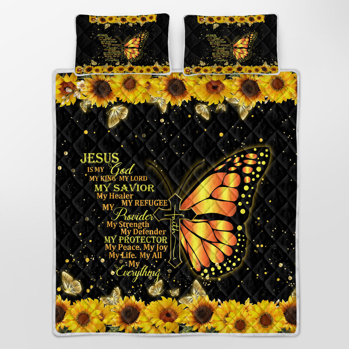 3 Pieces Butterfly And Sunflower Pattern Pet Theme Quilt Set Soft And Warm Bedding Set, Including 1 Quilt And 2 Pillowcases For Home Bedroom Decoration