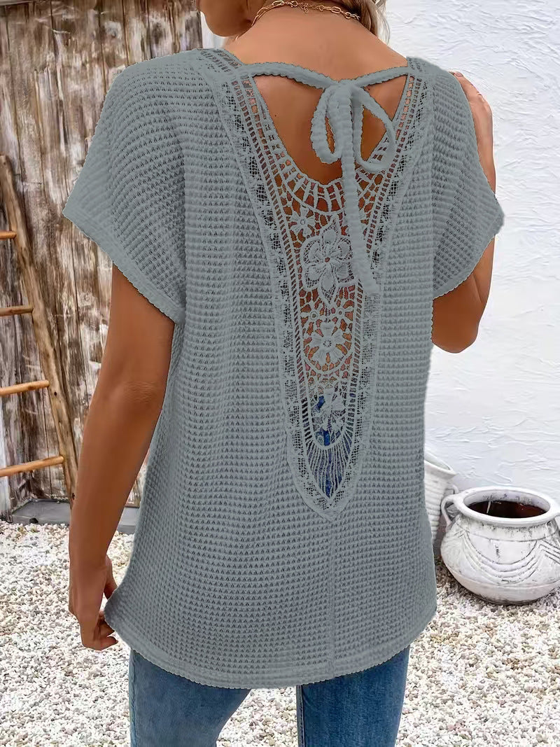 Womens Lace-Panel V-Neck Fashion T-Shirt