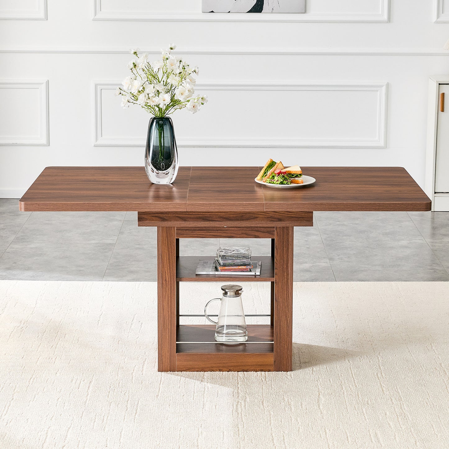 Modern Extendable Walnut Dining Table With Shelf, Space-saving Wooden Kitchen Table For 4-8 People, Extendable Dining Table With Metal Rails