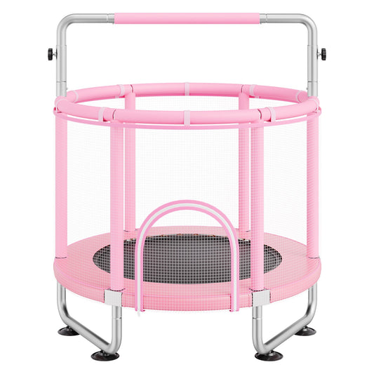 55" Kids Trampoline, 4.6FT Indoor Outdoor Trampoline, Mini Toddler Recreational Trampolinewith Safety Enclosure Net And Basketball Hoop, Birthday Gifts Christmas Toys For 3+ Years Children, Pink